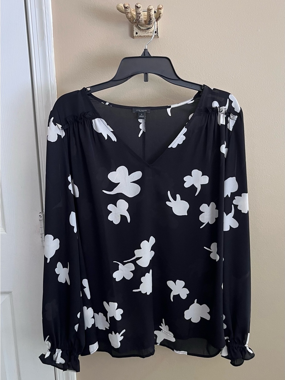 Ann Taylor Black Blouse with White Floral Accents